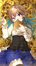 Rule 34 | 1girl, aqua hair, autumn, autumn leaves, book, book to mouth, brown hair, cowboy shot, frilled skirt, frilled sleeves, frills, hair between eyes, hair extensions, hair spread out, head tilt, highres, holding, holding book, holding leaf, idolmaster, idolmaster cinderella girls, leaf, long hair, long sleeves, looking at viewer, lying, multicolored hair, ninomiya asuka, on back, on ground, purple eyes, skirt, solo, tarachine, two-tone hair, underbust