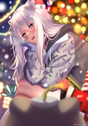 Rule 34 | 1girl, alternate costume, animal ears, black choker, black nails, blurry, blurry background, blurry foreground, blush, choker, christmas, christmas tree, city, commentary, ear piercing, fangs, feet out of frame, from side, glaring, grey eyes, grey hair, grey hoodie, hair between eyes, hand on own cheek, hand on own face, hat, highres, hololive, hood, hood down, hoodie, leaning forward, lion ears, lion girl, looking at viewer, mini hat, nail polish, night, open mouth, outdoors, piercing, pov, raglan sleeves, santa hat, scowl, shishiro botan, sitting, sleeves past wrists, snowing, solo, ssrb (shishiro botan), twitter username, v-shaped eyebrows, veterme, virtual youtuber