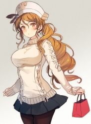 Rule 34 | 1girl, bag, ball, black pantyhose, black skirt, blush, breasts, brown eyes, brown hair, cowboy shot, gradient background, highres, holding, holding bag, holding ball, kantai collection, kasumi (skchkko), large breasts, littorio (kancolle), long hair, long sleeves, pantyhose, plastic bag, pleated skirt, ponytail, skirt, solo, sweater, wavy hair, white sweater