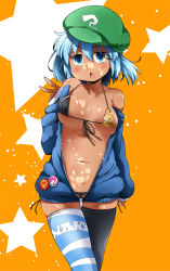 Rule 34 | 1girl, arm at side, asymmetrical legwear, bare shoulders, bikini, blue eyes, blue hair, breasts, breasts apart, collarbone, covered erect nipples, cowboy shot, front-tie bikini top, front-tie top, hair between eyes, hand up, hat, heart, jewelry, kawashiro nitori, long sleeves, looking at viewer, medium breasts, micro bikini, navel, off shoulder, open clothes, open mouth, ring, shiny skin, short hair, side-tie bikini bottom, side-tie bottom, skindentation, sleeves past wrists, solo, sparkle, standing, star (symbol), stomach, sugiura, swimsuit, tan, tanline, thighhighs, touhou, triangle mouth, uneven legwear, unzipped, v, zipper, zipper pull tab