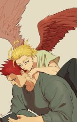Rule 34 | 2boys, beard, blonde hair, blue eyes, boku no hero academia, book, burn scar, close-up, endeavor (boku no hero academia), facial hair, feathered wings, feathers, goatee, hawks (boku no hero academia), highres, holding, holding book, holding person, knee up, leaning forward, leaning on person, male focus, multiple boys, osutoraria (1ndi g0), pants, reading, red feathers, red hair, scar, scar across eye, scar on face, simple background, size difference, sweatpants, sweater, wings, yellow eyes