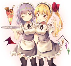 Rule 34 | 2girls, absurdres, alternate costume, apron, bat wings, black legwear, blonde hair, blue dress, blush, breasts, cowboy shot, detached collar, dress, enmaided, flandre scarlet, food, frilled dress, frills, hair between eyes, hand up, highres, ice cream, layered dress, light purple hair, looking at viewer, maid, maid apron, maid headdress, multiple girls, nenobi (nenorium), one eye closed, pantyhose, pink background, puffy short sleeves, puffy sleeves, red eyes, remilia scarlet, short dress, short hair, short sleeves, side ponytail, sidelocks, small breasts, smile, thighhighs, touhou, tray, waist apron, white background, white dress, wings, zettai ryouiki