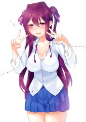 Rule 34 | blush, breasts, cleavage, collared shirt, doki doki literature club, double v, hair ribbon, highres, large breasts, long hair, looking at viewer, neck ribbon, open mouth, partially unbuttoned, pleated skirt, purple eyes, purple hair, ribbon, saihara homare, school uniform, self-harm, shirt, skirt, smile, twintails, undone neck ribbon, v, very long hair, wavy mouth, yuri (doki doki literature club)