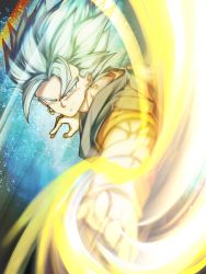 Rule 34 | 1boy, blue eyes, blue hair, closed mouth, dragon ball, dragon ball super, earrings, energy sword, gloves, highres, incoming attack, jewelry, looking at viewer, male focus, mattari illust, muscular, potara earrings, smile, solo, spiked hair, sword, vegetto, weapon, white gloves