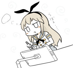 Rule 34 | 10s, 1girl, bad id, bad pixiv id, blonde hair, blush, blush stickers, chibi, cropped, detached sleeves, drawing tablet, drooling, dutch angle, hairband, jitome, kantai collection, long hair, school uniform, serafuku, shimakaze (kancolle), simple background, sleepy, solo, translation request, white background, yuasan
