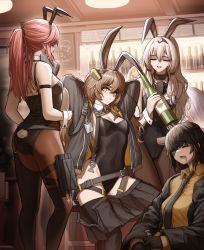 Rule 34 | 4girls, absurdres, adjusting hair, alternate costume, an-94 (girls&#039; frontline), animal ears, bar (place), black hair, black jacket, black leotard, black necktie, blush, bottle, breasts, brown hair, champagne bottle, cheogtanbyeong, closed eyes, commentary, drooling, embarrassed, english commentary, english text, eyepatch, fake animal ears, feet out of frame, girls&#039; frontline, gloves, hair between eyes, hair ornament, hairband, highres, holding, holding bottle, id card, indoors, jacket, unworn jacket, leotard, long hair, long sleeves, looking at viewer, m16a1 (girls&#039; frontline), mask, mask around neck, mod3 (girls&#039; frontline), mouth mask, multicolored hair, multiple girls, necktie, open mouth, orange hair, orange shirt, pantyhose, parted lips, pink hair, playboy bunny, rabbit ears, scar, scar across eye, scar on face, shirt, sidelocks, silver hair, skirt, unworn skirt, sleeping, smile, st ar-15 (girls&#039; frontline), st ar-15 (mod3) (girls&#039; frontline), streaked hair, table, ump45 (girls&#039; frontline), ump45 (mod3) (girls&#039; frontline), wine bottle, yellow eyes