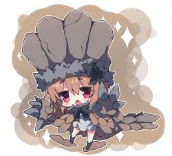 Rule 34 | 1girl, barroth, black bow, black socks, blush, bow, brown cape, brown hair, cape, chibi, commentary request, dress, fang, full body, fur trim, grey dress, hair between eyes, looking at viewer, milkpanda, monster hunter (series), open mouth, personification, red eyes, short eyebrows, socks, solo, sparkle, tail, thick eyebrows