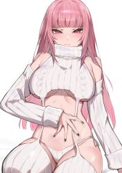 Rule 34 | 1girl, alternate costume, black nails, blunt bangs, blush, breasts, commentary, covering navel, detached sleeves, english commentary, highres, hololive, hololive english, kouhiipan, large breasts, lingerie, long hair, looking at viewer, meme attire, midriff, mori calliope, pink hair, red eyes, revealing clothes, shiny skin, sitting, skindentation, solo, thighhighs, underboob, underwear, upper body, virgin destroyer sweater, virtual youtuber, white background, white thighhighs