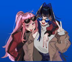 Rule 34 | 2girls, arm around shoulder, blue-tinted eyewear, blue background, blue eyes, blue hair, brown jacket, colored inner hair, eus ing, eyewear on head, fangs, gyaru v, hair intakes, highres, hololive, hololive english, inward v, jacket, long hair, looking at viewer, mori calliope, mori calliope (streetwear), multicolored clothes, multicolored hair, multicolored jacket, multiple girls, off shoulder, official alternate costume, ouro kronii, ouro kronii (casual), pink hair, red eyes, tinted eyewear, tongue, tongue out, two-tone jacket, v, very long hair, virtual youtuber