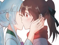 Rule 34 | 2girls, artist request, bai yuxiu, chinese clothes, closed eyes, feng ling&#039;er, feng ling yu xiu, hand on another&#039;s head, hanfu, kiss, multiple girls, scarf, source request, white hair, yuri