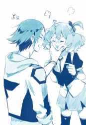 Rule 34 | 1boy, 1girl, bob cut, bow, cheek squash, clenched hands, couple, closed eyes, freyja wion, hair bow, hayate immelmann, hetero, highres, laughing, macross, macross delta, marker (medium), pote-mm, pouty lips, short hair, squeezing, steam, traditional media, v-shaped eyebrows