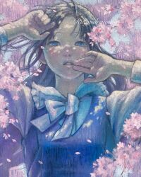 Rule 34 | 1girl, black hair, blue eyes, blue vest, blush, bow, bowtie, branch, cherry blossoms, commentary request, expressionless, floating hair, hands up, highres, long hair, long sleeves, looking at viewer, oil painting (medium), original, painting (medium), parted lips, ringodrawing, shirt, solo, traditional media, upper body, vest, white shirt