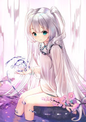 Rule 34 | 1girl, aqua eyes, arm support, closed mouth, commentary request, dress, flower, grey hair, hair between eyes, highres, hydrokinesis, long hair, long sleeves, original, puffy long sleeves, puffy sleeves, purple flower, sitting, sleeves past wrists, smile, solo, two side up, very long hair, water, waterfall, white dress, yan (nicknikg)