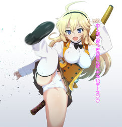 Rule 34 | 10s, 1girl, ahoge, arm up, ass, black bow, black footwear, black hairband, blonde hair, blue eyes, blush, bow, bow panties, breasts, brown skirt, commentary request, dress shirt, garter straps, hair between eyes, hairband, heart, heart-shaped pupils, katana, kicking, kohagura ellen, large breasts, long hair, long sleeves, looking at viewer, motion blur, open mouth, ouhashi, panties, pinching sleeves, pleated skirt, sheath, sheathed, shirt, shoe soles, skirt, sleeves past wrists, solo, standing, standing on one leg, sword, symbol-shaped pupils, thighhighs, toji no miko, translation request, underwear, very long hair, weapon, weapon on back, white panties, white shirt, white thighhighs