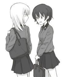 Rule 34 | 2girls, akaboshi koume, bag, briefcase, carrying, closed mouth, commentary, dress shirt, girls und panzer, greyscale, holding, holding bag, itsumi erika, kuromorimine school uniform, looking at another, looking back, medium hair, miniskirt, monochrome, multiple girls, mutsu (layergreen), open mouth, pleated skirt, school briefcase, school uniform, shirt, skirt, smile, standing, wing collar