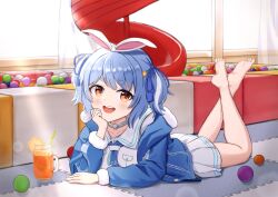 Rule 34 | 1girl, absurdres, alternate costume, alternate hairstyle, animal ears, arm support, ball, ball pit, barefoot, blue hair, blue jacket, blue sweater, blush, child, choker, collarbone, feet, feet together, feet up, female focus, food, fruit, full body, hand on own chin, highres, hololive, huge filesize, indoors, iv (iv70311741), jacket, juice, legs, lemon, lemon slice, looking to the side, lying, medium hair, no footwear, no legwear, no shoes, no socks, on floor, on stomach, orange eyes, rabbit ears, shirt, skirt, slide, smile, soles, solo, source request, straw, sweater, teeth, the pose, toes, two side up, upper teeth only, usada pekora, virtual youtuber, white shirt, white skirt, window
