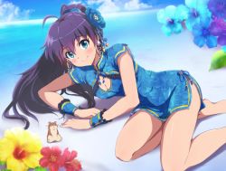 Rule 34 | 1girl, antenna hair, beach, blue dress, blue eyes, blue flower, blush, breasts, china dress, chinese clothes, cleavage, cleavage cutout, closed mouth, clothing cutout, day, dress, fang, flower, ganaha hibiki, hair between eyes, hibiscus, highres, hina (araburu-hinadori), idolmaster, idolmaster (classic), long hair, looking at viewer, lying, ocean, on side, outdoors, ponytail, purple flower, purple hair, red flower, shiny skin, short dress, sleeveless, sleeveless dress, small breasts, smile, solo, very long hair, wrist cuffs, yellow flower