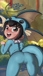 Rule 34 | 1girl, absurdres, animal hood, ass, bent over, black hair, blush, brown eyes, cowboy shot, creatures (company), english text, female focus, fins, fish tail, from behind, g reaper, game freak, gen 1 pokemon, highres, hood, leaning forward, looking at viewer, looking back, nintendo, onesie, open mouth, paw pose, poke kid (pokemon), pokemon, pokemon swsh, short hair, solo, speech bubble, tail, teeth, thighs, tongue, upper teeth only, vaporeon, vaporeon (cosplay)