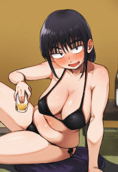 Rule 34 | 1girl, :d, alcohol, arm support, belly, bikini, black bikini, black hair, black panties, breasts, cleavage, commission, cup, curvy, drunk, highres, holding, holding cup, houkago teibou nisshi, indoors, japanese clothes, kotani sayaka, large breasts, long hair, looking at viewer, mole, mole under eye, omuraashu, on floor, open mouth, panties, pillow, pixiv commission, plump, saliva, side-tie bikini bottom, smile, solo, star (symbol), star print, swimsuit, underwear, yellow background