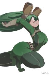Rule 34 | 1girl, :p, absurdres, arched back, arms up, ass, asui tsuyu, black eyes, blush, bodysuit, boku no hero academia, breasts, closed mouth, coffing, from side, gloves, goggles, goggles on head, green bodysuit, green hair, grey gloves, highres, large breasts, long hair, shiny clothes, simple background, skin tight, solo, thick thighs, thighs, tongue, tongue out, white background