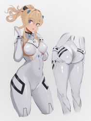 Rule 34 | 1girl, absurdres, ass support, blue eyes, bodysuit, breasts, cameltoe, cleft of venus, commentary, cosplay, covered navel, cropped legs, english commentary, evangelion: 3.0+1.0 thrice upon a time, genshin impact, hair intakes, highres, huge filesize, interface headset, jean (genshin impact), long hair, looking at viewer, medium breasts, mirai hikari, multiple views, neon genesis evangelion, pilot suit, plugsuit, ponytail, rebuild of evangelion, skin tight, souryuu asuka langley, souryuu asuka langley (cosplay), white bodysuit