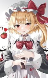 Rule 34 | 1girl, :d, absurdres, alternate costume, apron, blood, blunt bangs, blush, bow, bowtie, commentary request, crystal, enmaided, eyebrows hidden by hair, fangs, flandre scarlet, frills, hat, hat bow, heart, highres, knife, looking at viewer, maid, mob cap, one side up, open mouth, ougiikun, pointy ears, red bow, red bowtie, red eyes, short hair with long locks, sidelighting, skin fangs, smile, solo, touhou, upper body, white apron, wings