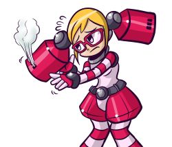 Rule 34 | 1girl, blonde hair, call (mighty no. 9), call a, captainanaugi, flying sweatdrops, glasses, gloves, hairpods, highres, joints, mighty no. 9, pantyhose, red-framed eyewear, robot, robot joints, short hair, shorts, solo, steam, striped clothes, striped pantyhose, striped sleeves, transparent background