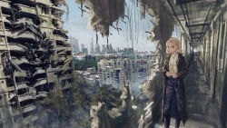 Rule 34 | 1girl, absurdres, black coat, blonde hair, blue eyes, blue sky, building, city, closed mouth, coat, commentary, denim, english commentary, feet out of frame, highres, jeans, long sleeves, original, overgrown, pants, ruins, scenery, shirt, short hair, sky, skyline, solo, white shirt, yuu akine
