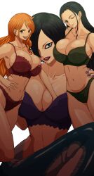 Rule 34 | 3girls, absurdres, blue eyes, breasts, didd ley, female focus, groping, highres, large breasts, long hair, looking at viewer, madame shirley, mermaid, monster girl, multiple girls, nail polish, nami (one piece), navel, nico robin, one piece, orange hair, short hair, size difference, smile