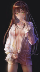 Rule 34 | 1girl, bad id, bad pixiv id, black background, blouse, blush, breasts, brown hair, buttons, collarbone, earrings, eyebrows hidden by hair, green eyes, hand to own mouth, highres, idolmaster, idolmaster cinderella girls, jewelry, long hair, looking at viewer, medium breasts, navel, open clothes, open shirt, piercing, revision, shibuya rin, shirt, sidelocks, simple background, solo, standing, sxbzero, thighs, white shirt