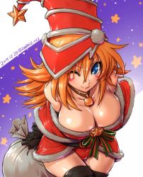 Rule 34 | 1girl, adapted costume, amania orz, arms behind back, bare shoulders, bell, belt, black gloves, blonde hair, blue eyes, bow, breasts, buckle, choker, christmas, cleavage, dark magician girl, dated, elbow gloves, facial mark, fur trim, gloves, gradient background, hat, large breasts, long hair, neck bell, one eye closed, purple background, sack, santa costume, shiny clothes, solo, star (symbol), thighhighs, twitter username, wizard hat, yu-gi-oh!, yu-gi-oh! duel monsters