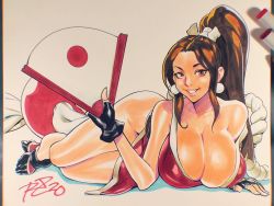 Rule 34 | 1girl, art tools in frame, bare shoulders, black gloves, black legwear, breasts, brown eyes, brown hair, cleavage, commentary, earrings, english commentary, fatal fury, fingerless gloves, folding fan, full body, gloves, grin, hand fan, high ponytail, holding, holding fan, huge breasts, jewelry, legs together, lips, long hair, looking at viewer, lying, marker (medium), mole, mole on breast, ninja, no panties, on side, photo (medium), ponytail, revealing clothes, robaato, rope, shimenawa, shiranui mai, smile, solo, strap slip, tabi, the king of fighters, traditional media, unaligned breasts