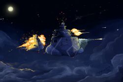 Rule 34 | aircraft, airship, battle, check commentary, cloud, commentary request, cruiser, destroyer, explosion, firing, military, military vehicle, naval battle, navy, night, no humans, original, ship, torasan mama, torpedo, warship, watercraft