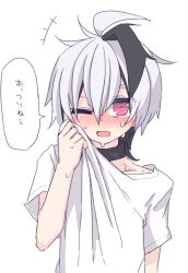 1girl ahoge androgynous black_choker black_hair blush choker collarbone commentary_request flower_(vocaloid) flower_(vocaloid4) full-face_blush highres holding holding_unworn_clothes holding_shirt holding_unworn_clothes huge_ahoge looking_at_viewer miri_(miri_1m) multicolored_hair one_eye_closed open_mouth pink_eyes shirt short_sleeves simple_background solo speech_bubble straight-on streaked_hair sweat tomboy translated vocaloid white_background white_hair white_shirt wiping_sweat