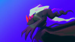 Rule 34 | absurdres, black sclera, blue background, blue eyes, bright pupils, colored sclera, commentary request, conejologia, creatures (company), darkrai, floating hair, from side, game freak, gen 4 pokemon, highres, legendary pokemon, mythical pokemon, nintendo, no humans, pokemon, pokemon (creature), solo, white hair, white pupils