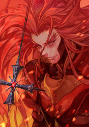 Rule 34 | 1boy, armor, colored skin, cross, evil grin, evil smile, fei fong wong, fiery background, fire, grin, hungry clicker, id (xenogears), long hair, pale skin, red hair, smile, very long hair, white skin, xenogears, yellow eyes