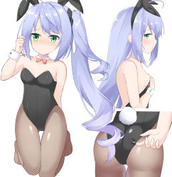 Rule 34 | 1girl, absurdres, adjusting clothes, adjusting leotard, ahoge, animal ears, azur lane, bare shoulders, black hairband, black leotard, blue hair, blush, bow, bowtie, breasts, brown pantyhose, closed mouth, collar, commentary request, detached collar, fake animal ears, gluteal fold, green eyes, hairband, hand up, highres, kneeling, l&#039;opiniatre (azur lane), leotard, long hair, multiple views, no shoes, nose blush, pantyhose, parted lips, playboy bunny, rabbit ears, rabbit tail, red neckwear, roido (taniko-t-1218), side ponytail, sidelocks, simple background, small breasts, strapless, strapless leotard, tail, thigh gap, very long hair, white background, white collar, wing collar, wrist cuffs