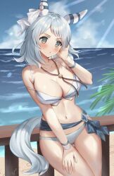 Rule 34 | animal ears, bikini, blush, breasts, cleavage, cloud, collarbone, commentary request, gem, green eyes, grey hair, hair ornament, highres, hishi miracle (umamusume), horse ears, horse girl, horse tail, large breasts, lens flare, looking at viewer, navel, oshage (osyage921), railing, sash, sky, swimsuit, tail, umamusume, wooden railing