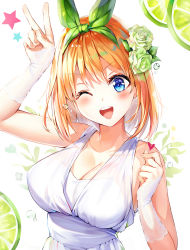 Rule 34 | 1girl, ;d, arm up, blue eyes, blush, breasts, cleavage, collarbone, commentary request, dress, fingernails, flower, food, fruit, go-toubun no hanayome, green flower, green hairband, green ribbon, green rose, hair ornament, hair ribbon, hairband, hairclip, head tilt, heart, large breasts, lime (fruit), lime slice, long hair, looking at viewer, nakano yotsuba, narae, one eye closed, open mouth, orange hair, ribbon, rose, round teeth, short hair, sleeveless, sleeveless dress, smile, solo, star (symbol), teeth, upper body, upper teeth only, v, very long hair, water drop, wedding dress, white background, white dress