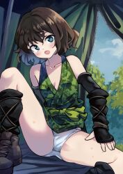 Rule 34 | 1girl, :o, bare shoulders, black gloves, black socks, blue eyes, blue sky, blush, bob cut, breasts, bright pupils, brown footwear, brown hair, bug bite, camping, cloud, collarbone, commentary, elbow gloves, fingerless gloves, foliage, forest, gendai ninjakko zukan, gloves, grass, green sash, green shirt, highres, japanese clothes, knee up, kouno hikaru, looking at viewer, loose socks, nature, no pants, on ground, open mouth, original, panties, pantyshot, sash, shirt, short hair, sitting, sky, sleeveless, sleeveless shirt, small breasts, socks, solo, spread legs, surprised, tent, tent interior, todoi ruha, tree, underwear, wavy hair, white panties, wide spread legs, work boots
