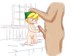 Rule 34 | 2boys, artist request, blonde hair, erection, hand on head, link, male focus, multiple boys, nintendo, nude, penis, pointy ears, size difference, the legend of zelda, yaoi
