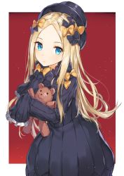 Rule 34 | 1girl, abigail williams (fate), bad id, bad pixiv id, black bow, black dress, black hat, blonde hair, blue eyes, bow, bug, butterfly, closed mouth, commentary request, dress, fate/grand order, fate (series), forehead, hair bow, hat, highres, hugging object, insect, long hair, long sleeves, looking at viewer, orange bow, parted bangs, red background, rikoma, sleeves past fingers, sleeves past wrists, solo, stuffed animal, stuffed toy, teddy bear, two-tone background, very long hair, white background