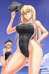 Rule 34 | 10s, 2girls, akitsuki karasu, bent over, bismarck (kancolle), blonde hair, blue eyes, blue sky, breasts, cameltoe, cleavage, cloud, collarbone, commentary request, competition swimsuit, contrapposto, covered erect nipples, day, hand on own hip, harbor, hat, highres, kantai collection, large breasts, long hair, military hat, multiple girls, ocean, one-piece swimsuit, prinz eugen (kancolle), sky, standing, swimsuit, twintails, very long hair