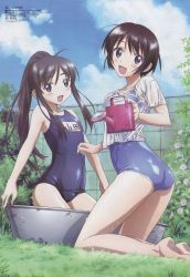 Rule 34 | 00s, 2girls, :d, absurdres, ahoge, ass, barefoot, binbou shimai monogatari, black hair, blue eyes, blue one-piece swimsuit, blush, breasts, brick wall, bush, cloud, crease, crop top, day, flat chest, flower, from side, grass, happy, head tilt, high ponytail, highres, holding, kneeling, long hair, looking at viewer, looking back, megami magazine, multiple girls, name tag, no pants, non-web source, official art, one-piece swimsuit, open mouth, outdoors, parted bangs, scan, school swimsuit, see-through, shiny clothes, shirt, short hair, short sleeves, sidelocks, sky, small breasts, smile, swimsuit, swimsuit under clothes, t-shirt, takamura kazuhiro, washbowl, watering can, wet, wet clothes, wet shirt, white shirt, yamada asu, yamada kyou