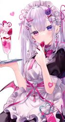 Rule 34 | 1girl, apron, bat wings, black dress, blush, breasts, broken heart, commentary request, dress, ear piercing, food, fruit, glaze artifacts, grey hair, hair between eyes, hand up, heart, heart-shaped pupils, heart o-ring, heterochromia, highres, holding, holding food, holding fruit, long hair, looking at viewer, low wings, maid, maid headdress, medium breasts, original, piercing, pink eyes, puffy short sleeves, puffy sleeves, purple eyes, sakurato remi, short sleeves, simple background, solo, strawberry, symbol-shaped pupils, very long hair, white background, wings