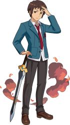 Rule 34 | 1boy, artist request, black pants, blue jacket, breast pocket, brown eyes, brown footwear, brown hair, buttons, closed mouth, collarbone, collared shirt, fire, full body, hand on hilt, hand up, highres, holding, holding sword, holding weapon, jacket, kyon, loafers, long sleeves, looking to the side, male focus, necktie, non-web source, official art, open clothes, open jacket, pants, pocket, red necktie, school uniform, shirt, shoes, short hair, sidelocks, simple background, smoke, solo, suzumiya haruhi no yuuutsu, sword, transparent background, v-shaped eyebrows, weapon, white shirt, world flipper