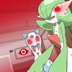 Rule 34 | 2girls, alpha pokemon, back bow, blue eyes, blush, bob cut, bow, colored sclera, colored skin, creatures (company), crystal, curtains, dutch angle, female focus, flat chest, froslass, game freak, gardevoir, gen 3 pokemon, gen 4 pokemon, glowing, glowing eyes, green hair, green skin, hair over one eye, happy, indoors, kazamidoririnn, looking at viewer, looking down, meme, metal gear (series), metal gear solid v: the phantom pain, multicolored skin, multiple girls, nine years in a coma (meme), nintendo, one eye covered, open mouth, pokemon, pokemon (creature), purple skin, red eyes, short hair, smile, standing, straight-on, two-tone skin, white skin, yellow sclera
