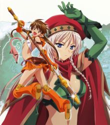 Rule 34 | 2girls, absurdres, alleyne (queen&#039;s blade), alleyne (queen's blade), beret, blonde hair, blue eyes, blush, boots, braid, breasts, brown eyes, brown hair, cape, cleavage, elbow gloves, elf, fighting master alleyne, flat chest, forest keeper nowa, gloves, halterneck, hat, highres, long hair, midriff, monkey, multiple girls, nowa (queen&#039;s blade), nowa (queen's blade), open mouth, pointy ears, queen&#039;s blade, rin-sin, ruu (queen&#039;s blade), side braid, skirt, staff, thigh boots, thighhighs, twintails
