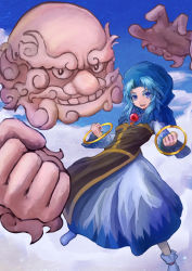 Rule 34 | 1girl, beard, blue eyes, blue hair, clenched hand, clenched hands, cloud, colored eyelashes, dress, facial hair, highres, jewelry, kesa, kumoi ichirin, long hair, long sleeves, looking at viewer, necklace, open mouth, pendant, ring, shoes, sowel (sk3), touhou, unzan, wide sleeves