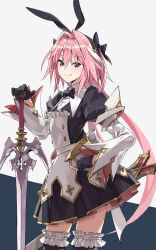 Rule 34 | 1boy, astolfo (fate), astolfo (saber) (fate), astolfo (saber) (third ascension) (fate), black bow, black bowtie, black dress, black gloves, black legwear, black ribbon, blush, bow, bowtie, buttons, closed mouth, dress, fang, fate/grand order, fate (series), frills, gloves, hair between eyes, hair bow, hair intakes, hair ribbon, highres, juliet sleeves, layered skirt, long hair, long sleeves, looking at viewer, low twintails, male focus, multicolored hair, pink hair, puffy sleeves, purple eyes, ribbon, sheath, simple background, skirt, smile, solo, streaked hair, sword, thighs, trap, twintails, weapon, white background, white hair, white skirt, wide sleeves, wing collar, yahako